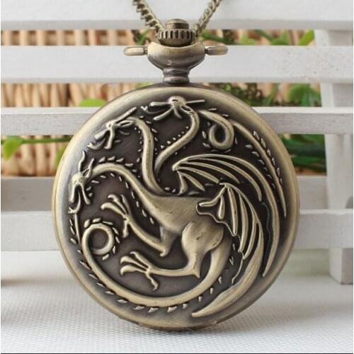 Vintage Bronze Three dragon carving Creative personality antique Good quality quartz Necklace pocket watches