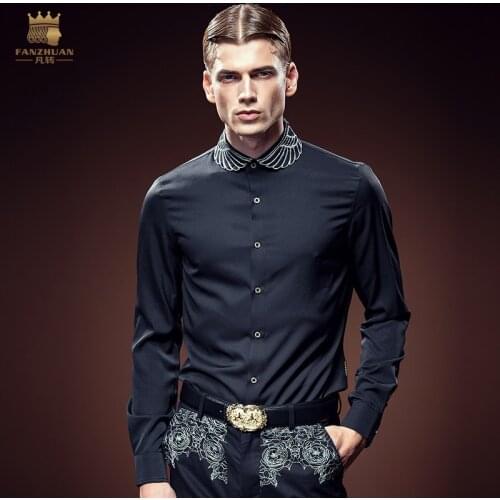 FanZhuan Free Shipping New fashion casual male Mens 2016 collar autumn personality embroidery slim long sleeved shirt 612127