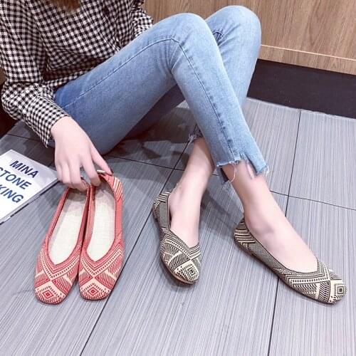 Plus Size Women Casual Ballet Flats Shoes Square Toe Slip On V Mouth Flat Heel Anti Slide Loafers Stretch Knit Fabric 2020 New