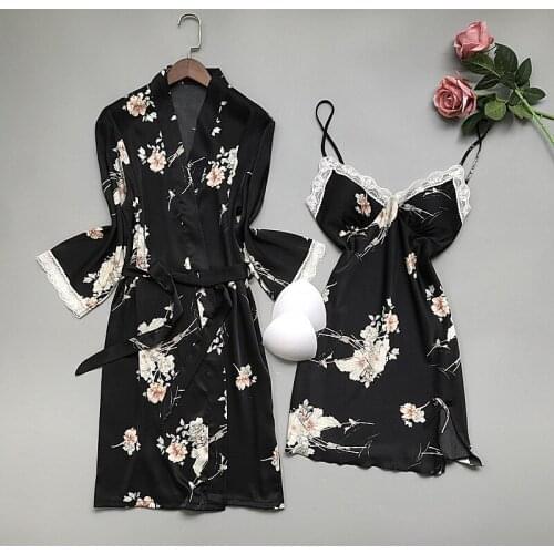 2021 New Summer Women Robe Gown Sets Silk Satin Sleepwear Flower Print Nightwear Lace Night Suit Soft Sleep Lounge Chest Pads
