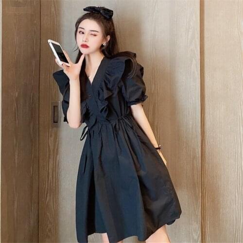 Women Summer Solid Midi Dress V-Neck Ruffles Lantern Short Sleeves Casual Loose Dress Femme Elegant Party Dress Plus Size M-7XL