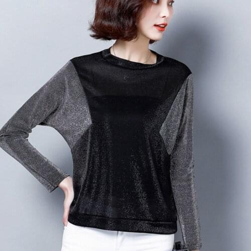 Tamanho grande blusas primavera 2019 moda Ouro e prata cor das mulheres Em Torno do pescoCo manga Comprida roupas