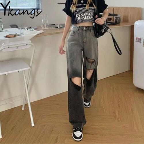 Gradient Color Ripped Hole Fringe High Waist Wide Leg Jeans Streetwear Harajuku Hip Hop Gothic Women Denim Pants Baggy Trousers