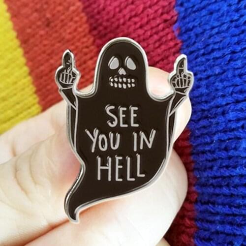 YAOJIE See You in Hell Ghost Halloween Brooch Pins Enamel Metal Badges Lapel Pin Brooches Jeans Fashion Jewelry Accessories