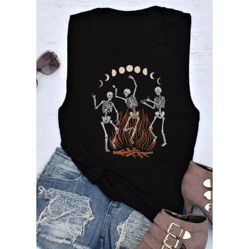 Funny Halloween Skeleton Bonfire party Tank top Moon phase Sleeveless T-shirt Women fashion casual Gothic Style vintage Top