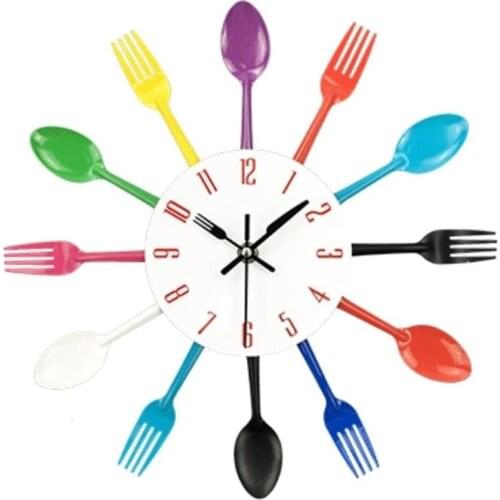 Creative Kitchen Noiseless Stainless Steel Cutlery Clocks Knife and Fork Spoon Wall Clock Kitchen Restaurant Home Decoration