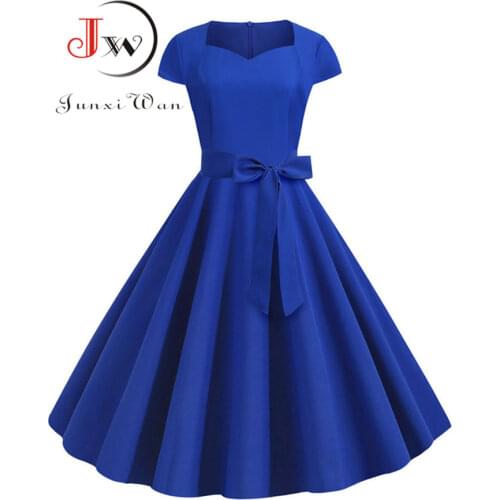Summer Women Vintage Dress 50S 60S Short Sleeve Casual Elegant Retro Office Party Midi Dress Robe Femme Plus Size Solid Vestidos