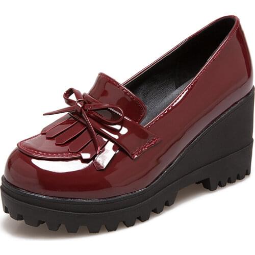 Lucyever 2021 Chunky Platform Wedges Pumps Women Autumn Tassels Patent Leather Loafers Woman Slip on High Heels Shoes Female