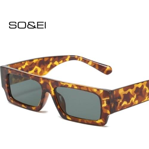 SO&EI Fashion Rectangle Women Sunglasses Vintage Leopard Dark Green Eyewear Men Square Flat Top Sun Glasses Shades UV400