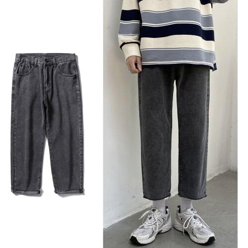 Mens Streetwear Smoky Gray Baggy Jeans 2021 Autumn New Korean Fashion Straight Denim Cropped Trousers Wide Leg Pants Male