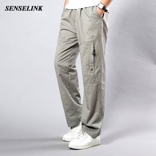 Men 2021 Summer Light Gray Straight Leg Pants Casual Multi-Pocket Cotton Khaki Wide Leg Pants Plus Size Men Cargo Pants M-5Xl