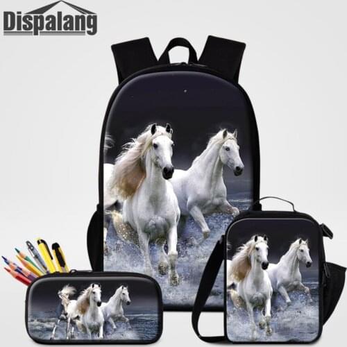 Dispalang 3Pcs Horse Print Kids Backpack Set For Teenager Girls Animal School Bag Women Travel Shoulder Lunch Bag Mochila