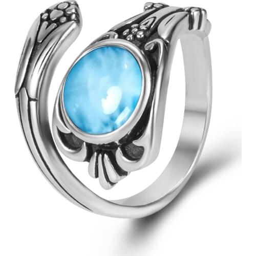 Silver Antique Ring Natural Larimar Adjustable size Ring 925 Sterling Silver Engagement Wedding Rings