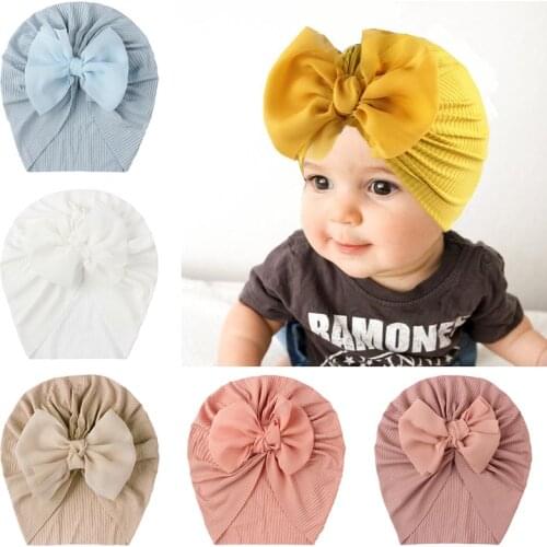Cute Big Bows Baby Turban Hat Solid Color Newborn Soft Elastic Baby Girls Hats Headwrap Beanies Summer Infant Toddler Kids Cap