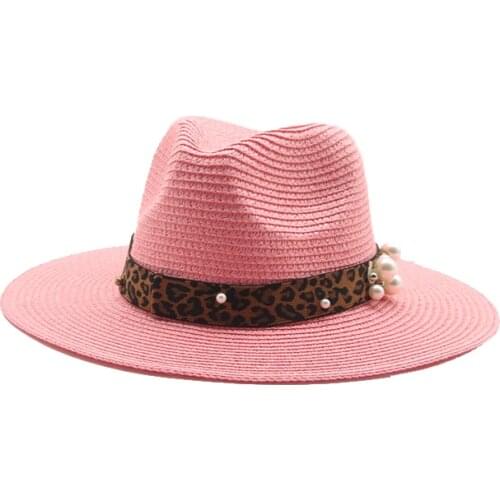 Panama Women Hats Wide Brim Solid Green Blue Red Leopard Print Pearl band Straw Hats Casual Outdoor Beach Hats Gorras Para Mujer