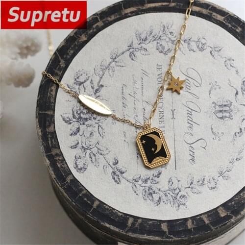 Supretu Fashion Star Moon Epoxy Black Enamel Pendant Necklace Statement Women Titanium Steel Plating 14K Gold Necklaces Jewelry