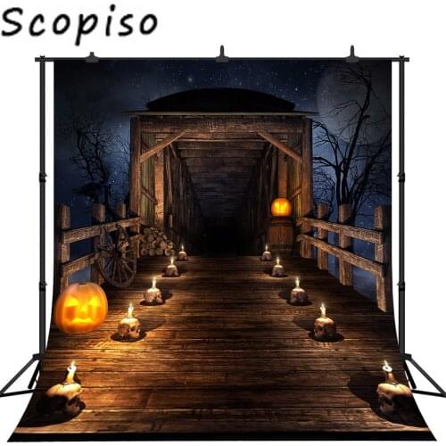 Scopiso Halloween theme background starry sky background wooden bridge skull candle lamp pumpkin lantern kids photo background