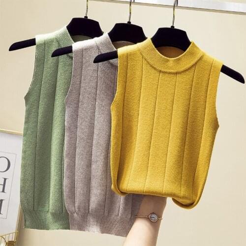 Half Turtleneck Striped Knitted Tank Tops Women Clothes 2020 Fashion Summer High Elasticity Sweater Womens Vest Vetement Femme