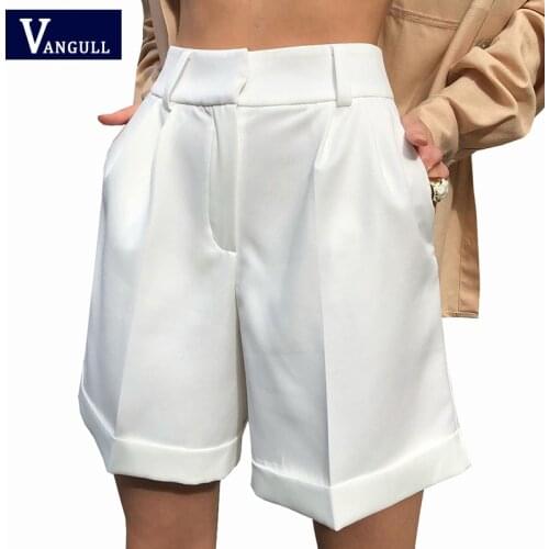 Vangull Fashion Suit Shorts Women 2021 Summer New Straight Rolled Shorts Female Zipper Pockets Casual Loose Short Pants Solid