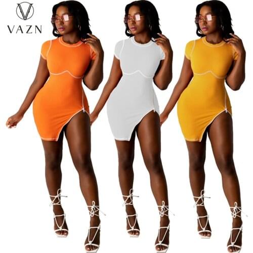 VAZN 2021 Casual Sundress Short Sleeve Solid Irregular Vintage Ladies Party Mini Dress Summer Elegant Women Dress