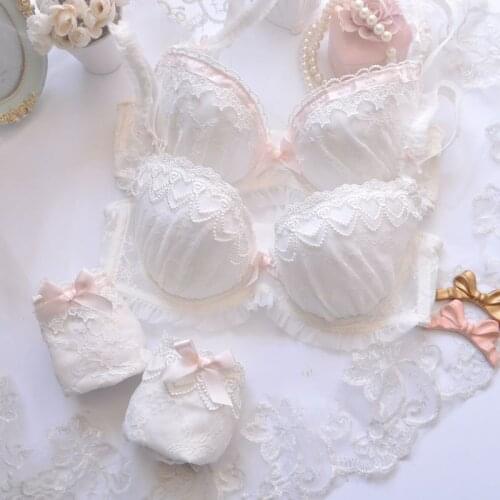 Japanese Lolita Bra & Brief Sets Soft Girl Kawaii Pink Sweet Sexy Underwear Lace Translucent Water Soluble Embroidery Underwear