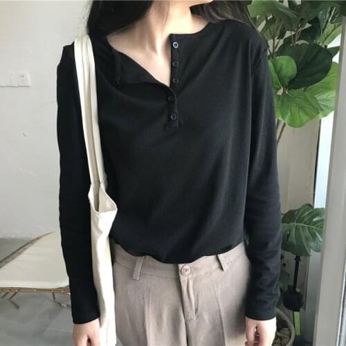 Womens Casual Vintage T-shirts Spring Korean Chic Long Sleeve White Black Knitted Tees Female All Match Simple Basic Clothing