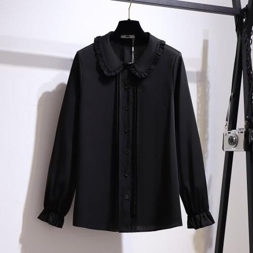 150KG Women Autumn Solid Color Long Sleeve Big Plus Size 6XLDoll Collar Female Ruffle chiffon Tops Clothing Loose Elegant Blouse