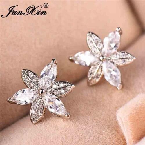 JUNXIN Female Crystal Snowflake Stud Earrings For Women White Gold Filled White Zircon Flower Studded Earrings Jewelry