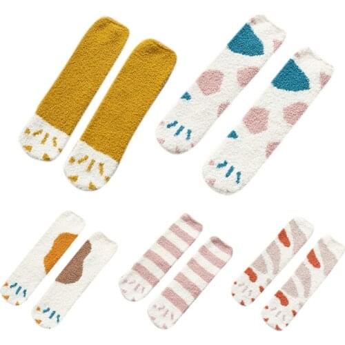 Women Girls Winter Coral Velvet Slipper Home Socks Cartoon Cat Paw Claw Pattern Contrast Color Fuzzy Fluffy Cozy Warm Floor