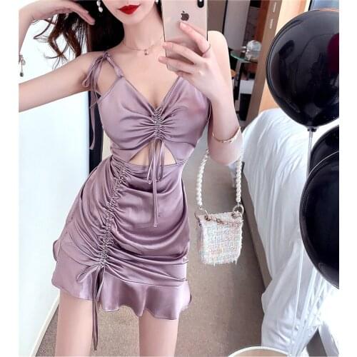Real Shot 2021 New Summer Fashion Ladies Low Waist Drawstring Satin Suspender Mini Dress