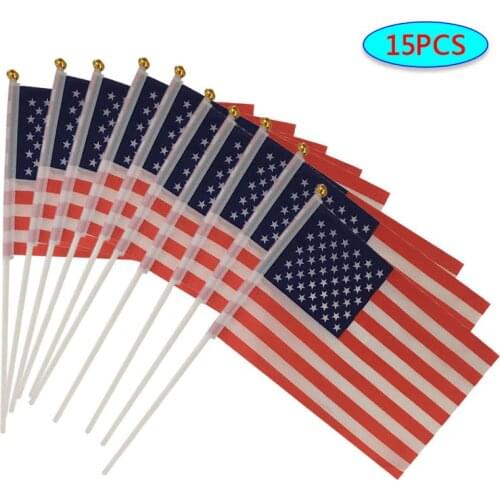 15pcs USA Stick Flag American US HandHeld Mini Flag Pole United States Hand Held Stick Flags Festival Events Banner