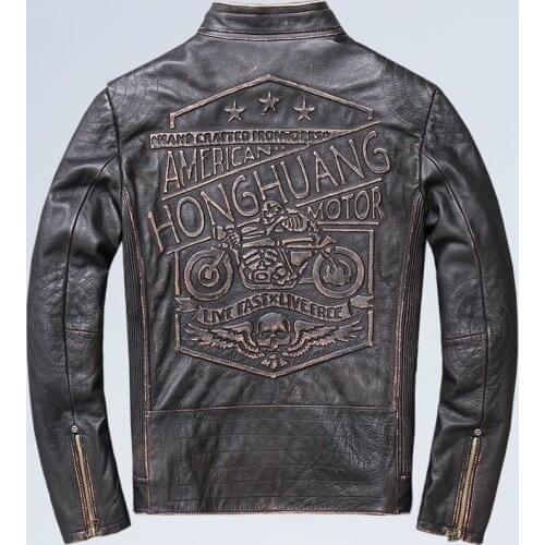 2020 Vintage Black Men American Style Motorcycle Jacket Plus Size XXXL Genuine Cowhide Slim Fit Bikers Leather Coat