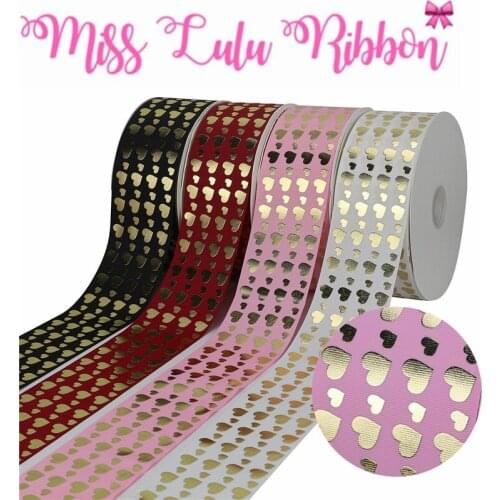 3"75mm Sweet Heart Gold Foil Pink Solid Color Printed Grosgrain Ribbon DIY Wedding Party Decor Hair Bands 50yards/roll