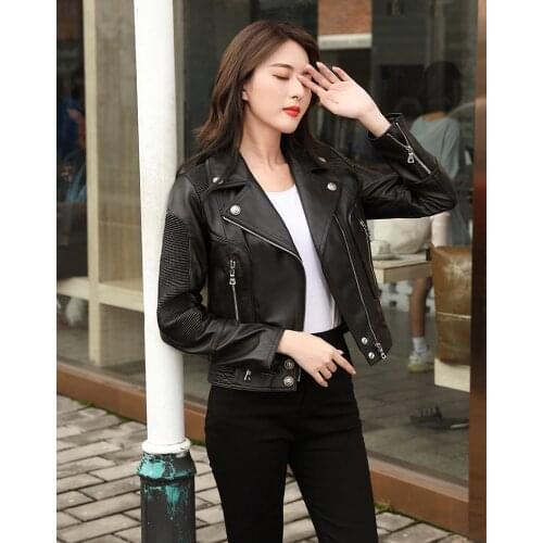 Free shipping,Wholesales.woman slim Genuine leather jacket.Cool motor biker sheepskin coat.black short soft leather clothing