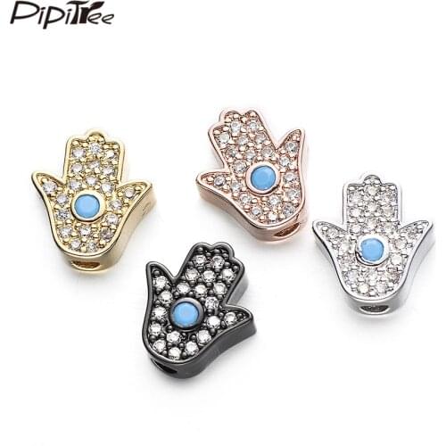 Pipitree 3pcs/lot Hamsa Hand Beads fit Bracelet Pendant Brass Cubic Zirconia DIY Spacer Beads Jewelry Making Charms Wholesale
