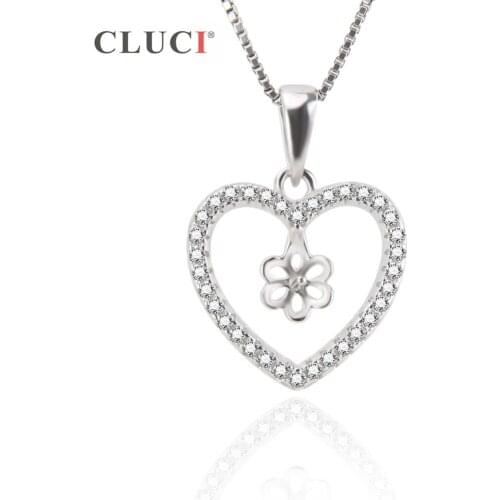 CLUCI 925 Sterling Silver Heart Pendant Setting to Stick Pearl Pendant for Women Girls DIY Jewelry Finding fit 7mm pearl SP220SB