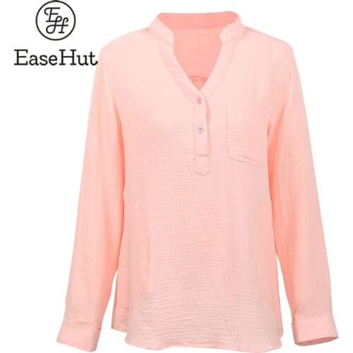 EaseHut Women Solid Vintage Blouse Loose Casual Plus Size Cotton Linen Tops V Neck Long Sleeve Pockets Tops Spring Autumn Blouse