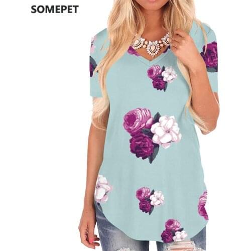 SOMEPET Flowers T Shirt Women Pattern Shirt Print Painting Funny T shirts Art V-neck Tshirt Womens Clothing Hip hop Casual Tops