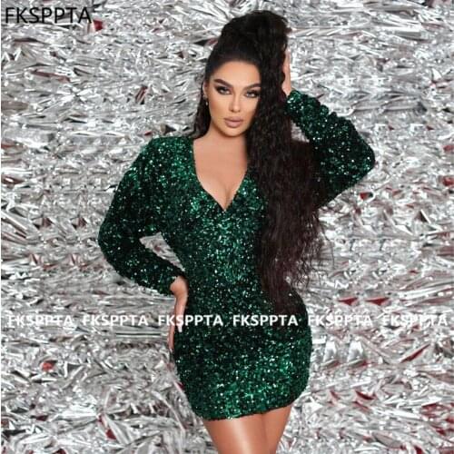 Short Prom Dresses Sparkly Sequins V Neck Sheath Girls Graduation Party Gowns Long Sleeve Prom Dress Custom Made