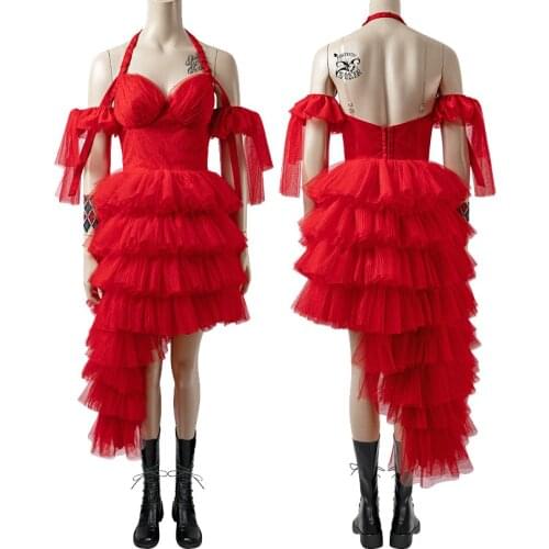 Adult Suicide Quinzel cosplay Red Dress Hand Sleeves For Girl Costume Halloween Party Dresses Custom