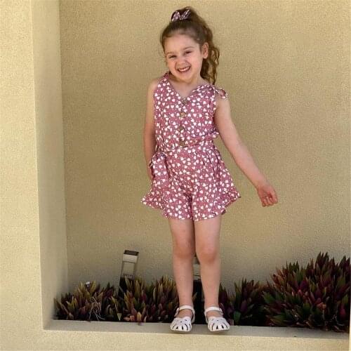 Girls Summer Suspender Jumpsuit Fashion Heart Printing Bowknot Bandage High Waist Short One-piece Rompers