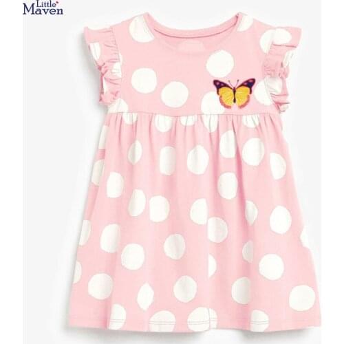 Little Maven New Summer Kids Pink Dot Printed Embroidery Butterfly O-neck Girls 2-7yrs Flare Cotton Knitted Cute Dresses