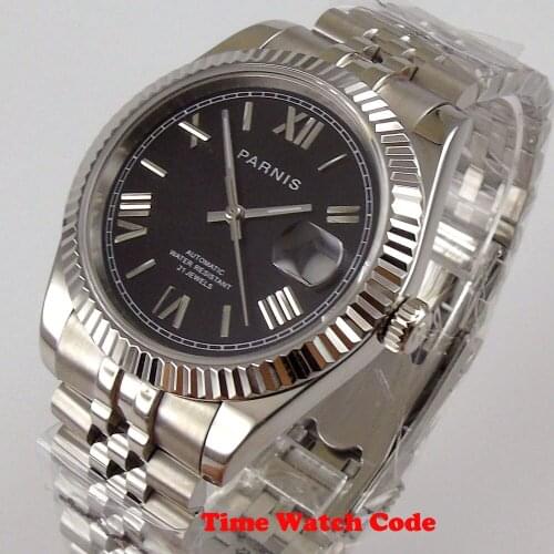 Parnis 39.5 mm Automatic Mens Wristwatch Miyota 8215 Date Display Black Dial Sapphire Glass Coin Bezel Jubilee Bracelet