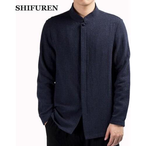 SHIFUREN Plus Size Men Cotton Linen Shirts Retro Chinese Tradition Long Sleeve Social Shirts Loose Breathable Male Tops Clothing