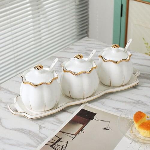 White Phnom Penh Seasoning Bowl Sugar Bowl Salt Bowl Creative Cover Ceramic Seasoning Box Storage Bottle Kitchenware 3-Piece Set