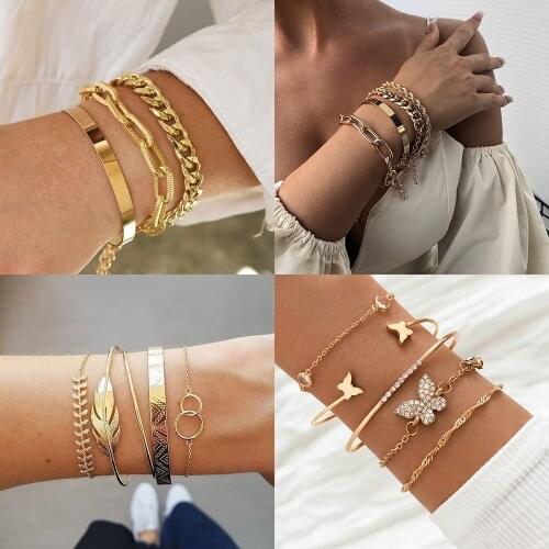 2021 Trendy Cuban Link Chain Bracelet Set For Women Punk Butterfly Leaves Open Thick Bangle Female Bohemian Jewelry Gift