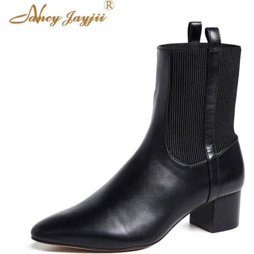 Black Ankle Boots Women Shoe Elastic Band Sauqre Heel 6cm Dress Autumn 2021 Female Famous Brand New Designers Classic Casual