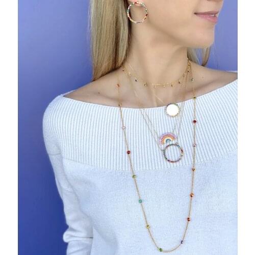 2021 New Arrived Fashion Women Girl Jewelry Colorful Rainbow CZ Paved Rainbow Pendant Gold Color Delicate Colorful Necklace