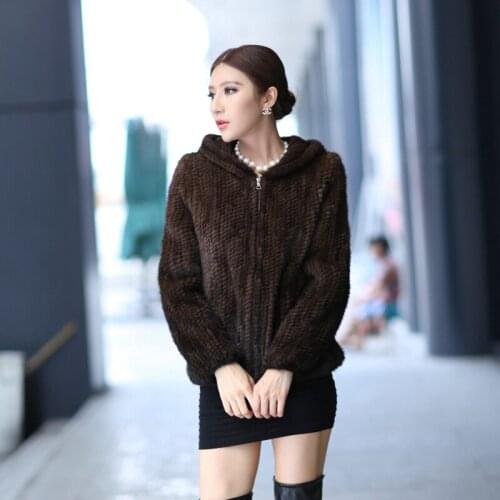 Autumn and Winter Womens Genuine Knitted Mink Fur Jackets with Hoody Lady Warm Short Coats VF0123