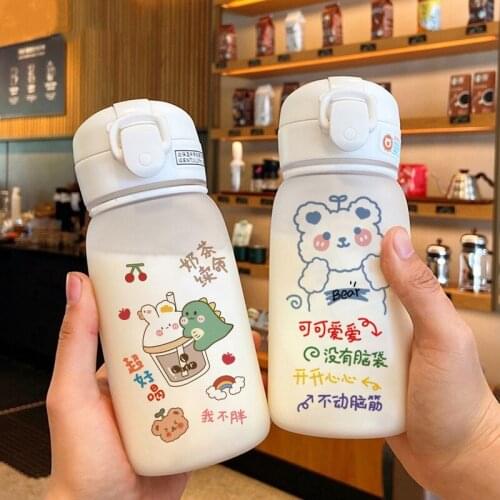 Cartoon Cute Bubble Tea Glass Water Bottle With Straw For Girls Kawaii Frosted Adults Portable Leakproof Travel Milk Sippy Cup